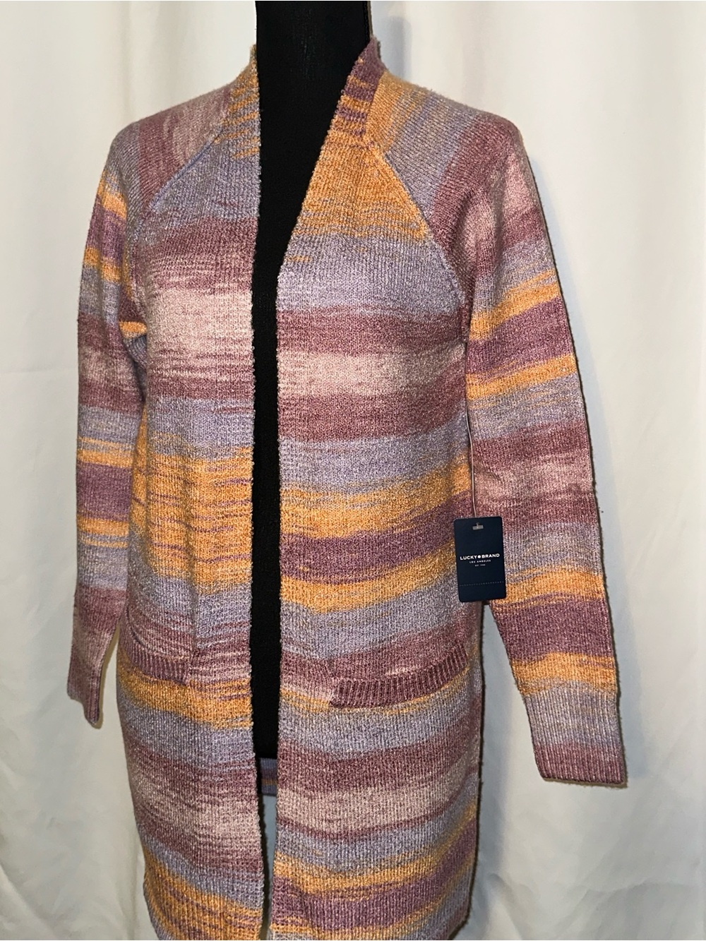 Lucky Brand Open-Front Cardigan in Purple, Pink, Orange Stripe NEW Small